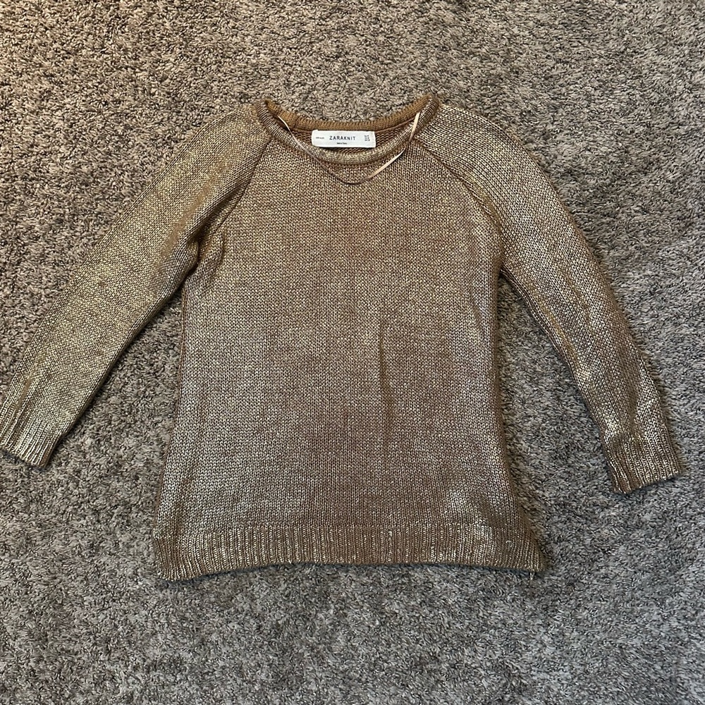 Zara Metallic Brown Crew Neck Sweater